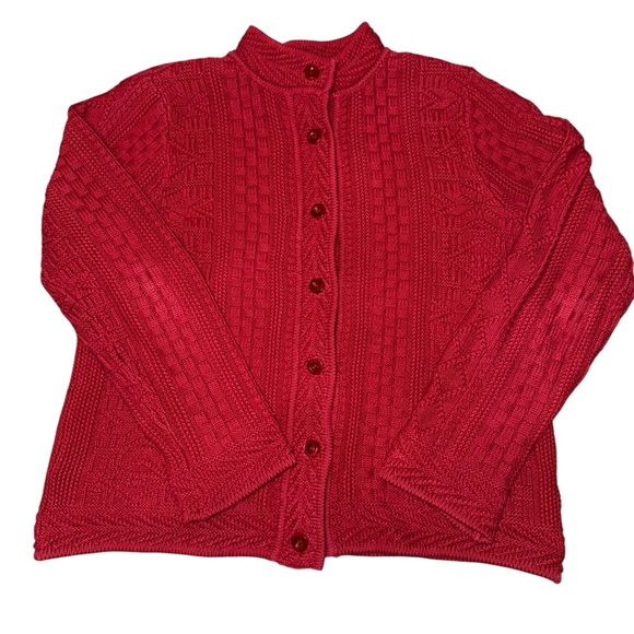 L.L. Bean Women’s Red Cable Knit Button Cardigan Sweater Size Medium - Picture 2 of 6